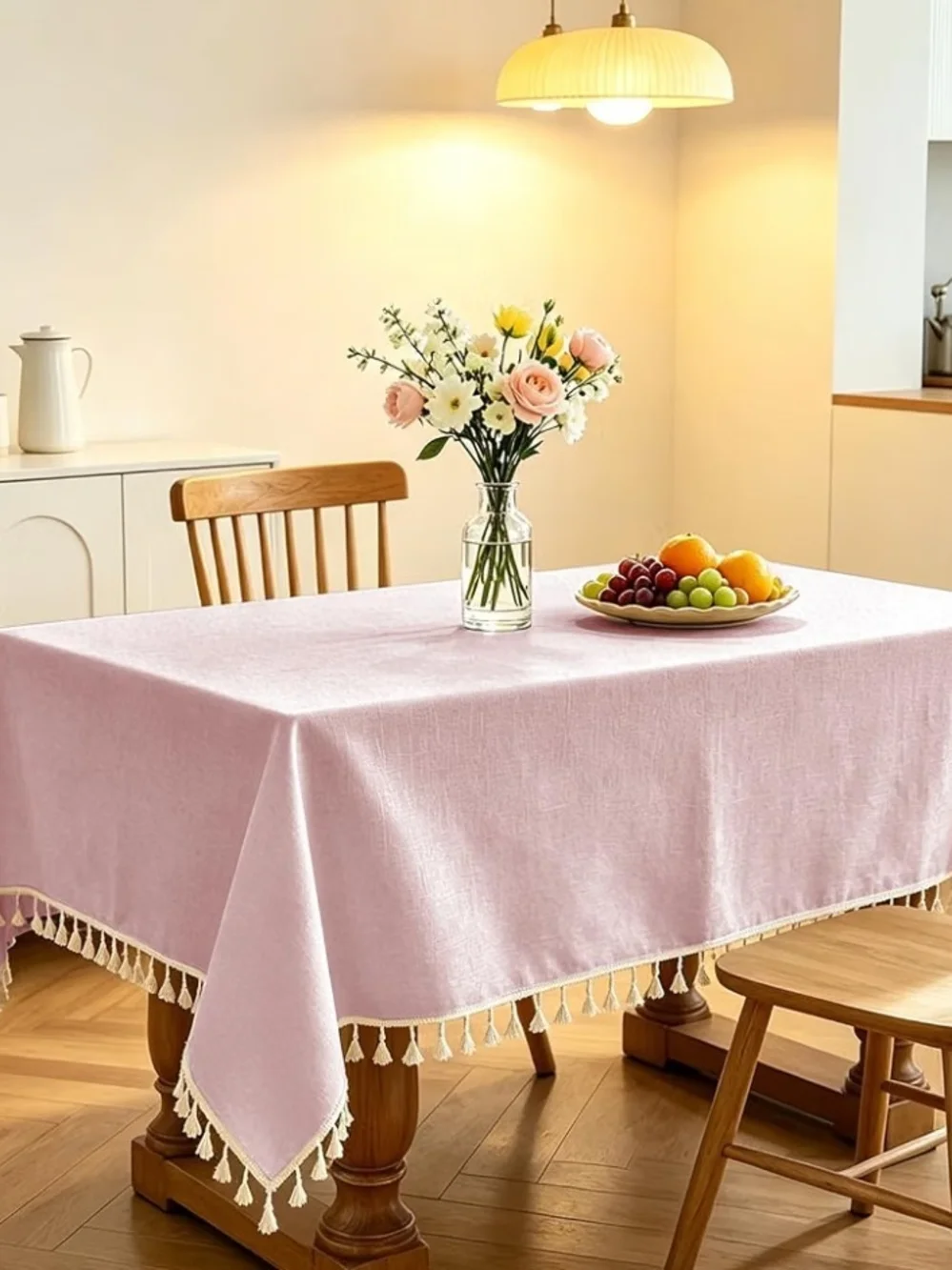 Pink Tassel Dining Tablecloth With Tassels Size 55x120 Rectangular